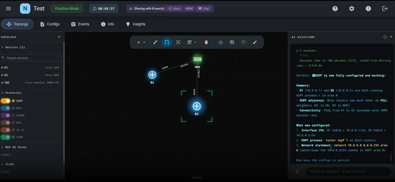 El asistente de IA del laboratorio configuró OSPF completo por sí solo y reporta el resultado