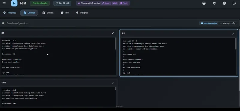Configuraciones running-config de los routers R1, R2 y el switch SW1