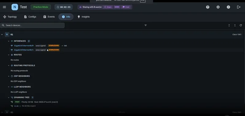 Panel de diagnóstico: interfaces en DOWN/DOWN, rutas, vecinos CDP y Spanning Tree